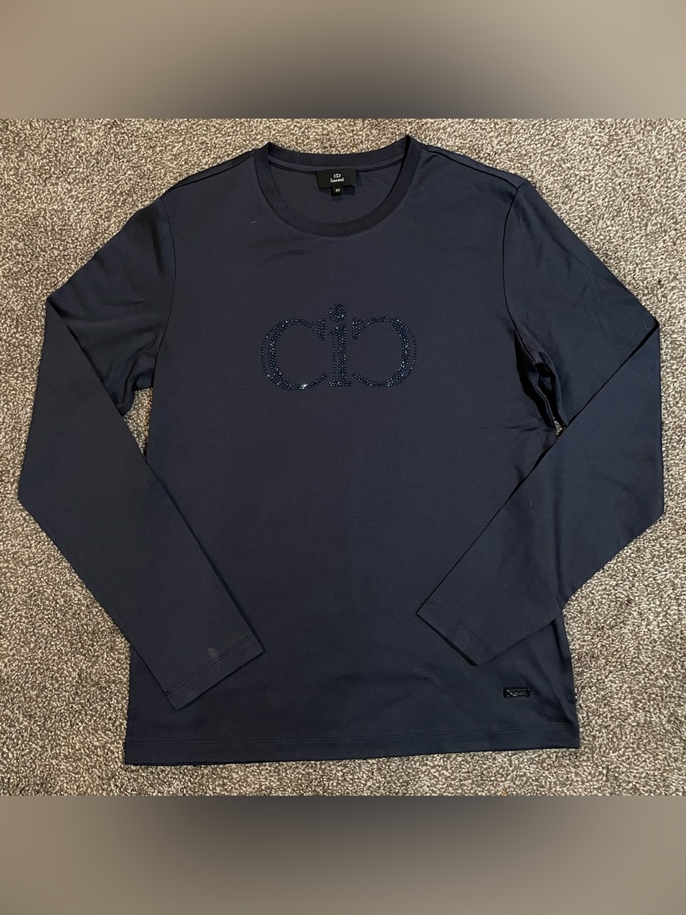 Isaratti Men's Long-Sleeve Rhinestone Logo Tee in Navy